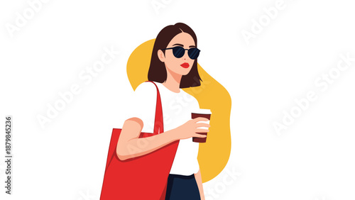 Stylish young woman with sunglasses and a red tote bag holding a takeaway coffee cup while walking against an abstract yellow background.
