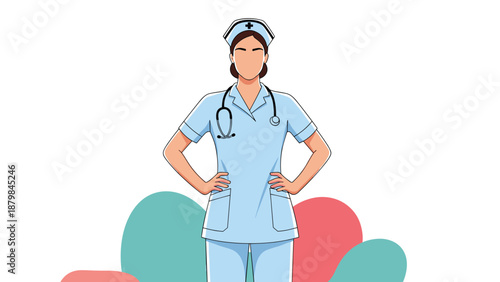 Confident female nurse wearing light blue scrubs and cap standing with hands on her hips against a clean white background.
