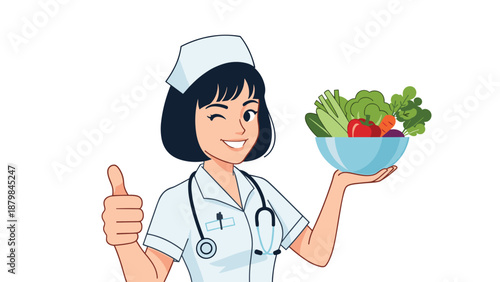 Cheerful nurse winking and giving a thumbs up while holding a bowl of fresh vegetables to promote healthy eating habits.