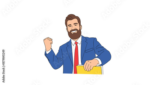 Successful businessman in blue suit and red tie celebrating professional victory with raised fist and happy facial expression.