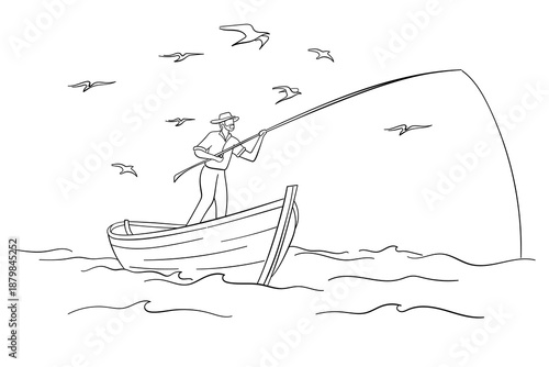 A dedicated lone fisherman in his small boat at sea, engaged in the timeless pursuit of angling, as a flock of seagulls hovers expectantly above the dynamic water surface