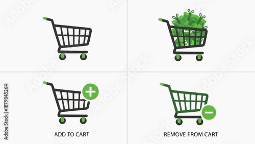 Shopping cart icons illustrating add and remove actions with green plants and product symbols in a simple graphic design