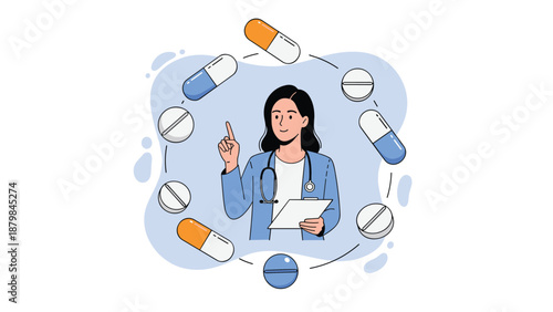 Competent female doctor in blue uniform surrounded by various pills and capsules explaining medication and treatment plan.