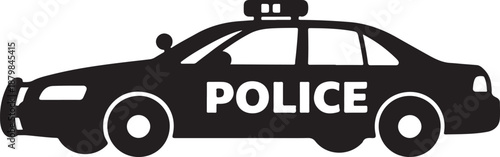 Police Car Silhouette Icon, Law Enforcement Patrol Vehicle Design Isolated on White