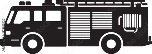 Fire Engine Silhouette Icon, Emergency Response Vehicle Design Isolated on White