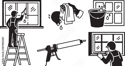 Window Cleaning and Maintenance Illustration Set for Professionals