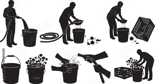 Silhouette of a person gardening with various tools depicted