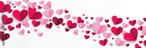 Background with paper cut hearts for wedding, Mother’s, Valentine’s day, birthday card decoration. Love border. Red and pink hearts frame