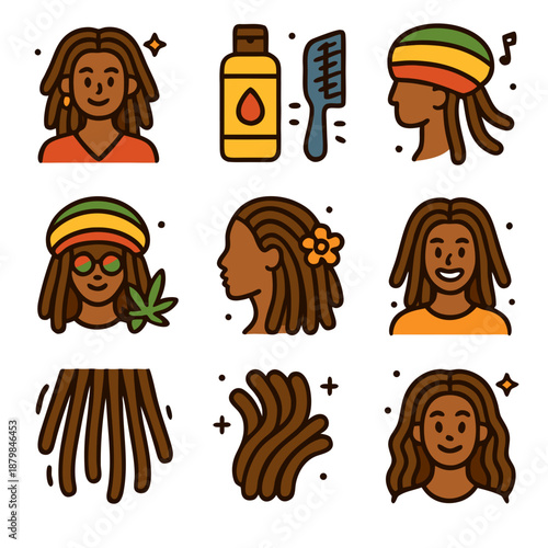 Dreadlocks showcase vibrant accessories, diverse people, and unique hairstyles in this collection. Ideal for promoting diversity and personal style.