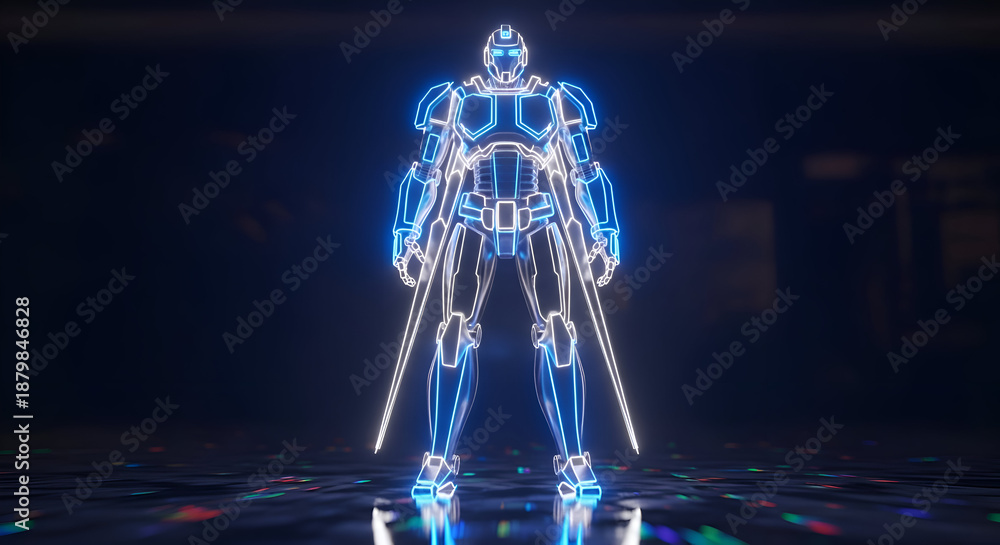 © Fizzah - Futuristic glowing robot warrior with neon blue lights and swords standing in a dark environment with reflections on the floor © Fizzah - Futuristic glowing robot warrior with neon blue lights and swords standing in a dark environment with reflections on the floor