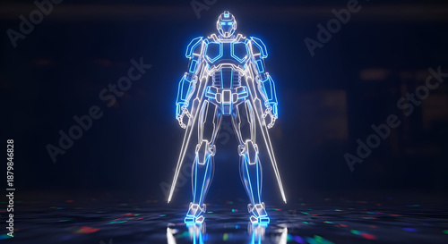 Obraz na płótnie Futuristic glowing robot warrior with neon blue lights and swords standing in a