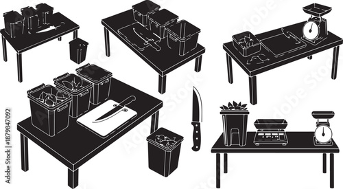 Black and white illustration of kitchen workspace and tools