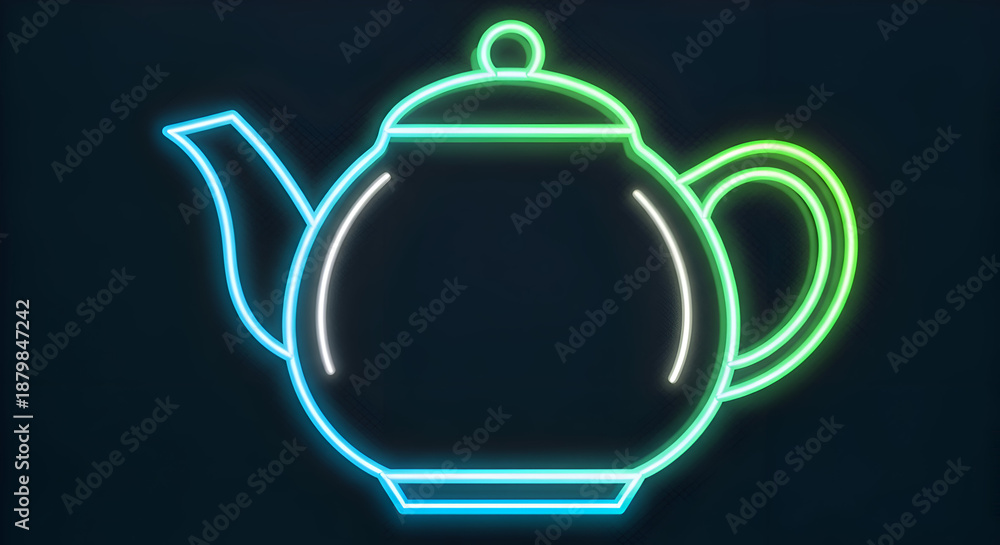 Obraz premium A vibrant neon outline of a classic teapot glows with electric blue and green light against a dark background creating a modern and stylish beverage illustration
