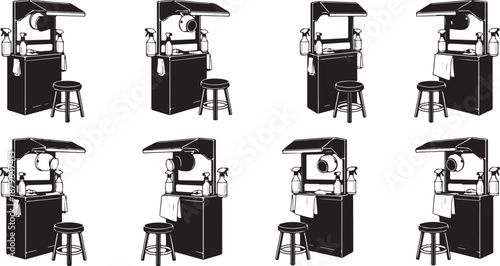 Black and white illustrations of photography studio setup sequences