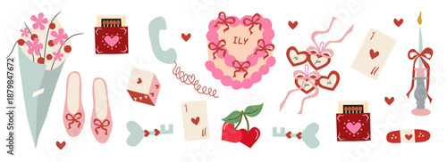 Set of hand drawn cute elements for Valentines day, wedding invitation, birthday card. Girly bows, hearts, ribbons, gift, flowers, cake, heels, candle. Vintage elegant vector illustration.