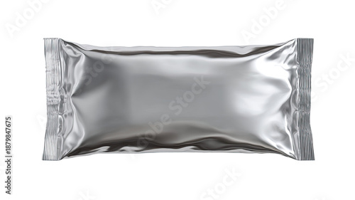 Blank metallic foil snack bar wrapper packaging with sealed edges realistic product mockup isolated on white background