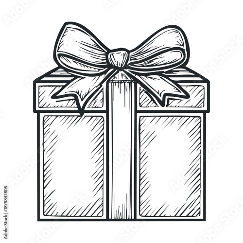 Hand drawn doodle gift box with a decorative ribbon bow, perfect for holiday greetings, birthday wishes, or special occasion celebrations and event invitations.