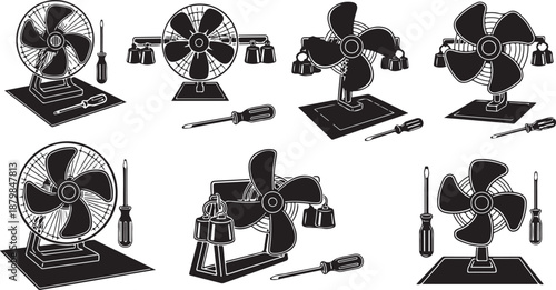 Black and White Electric Fan Illustrations with Tools Provided