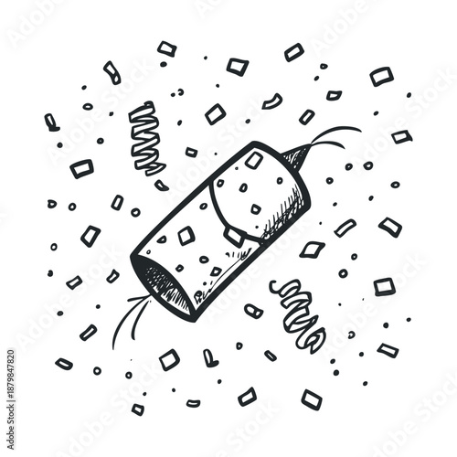 Hand drawn party popper exploding with confetti and streamers, perfect for holiday celebrations, event promotions, and festive party invitations