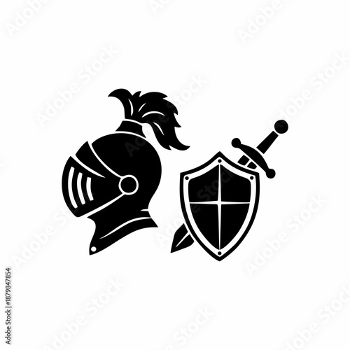 Vector silhouette illustration of warrior helmet, sword and shield on white background for game item design