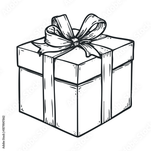A hand drawn sketch of a classic present box with a large decorative bow on top, perfect for holiday greetings, birthday celebrations, or special event invitations.