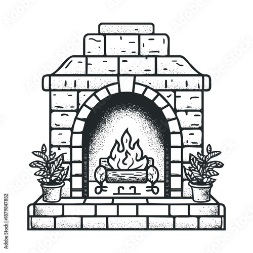 Rustic handdrawn fireplace with a burning fire and decorative potted plants on a hearth, perfect for cozy home decor and winter season graphic projects