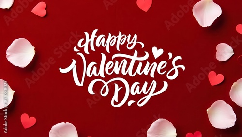 Happy valentine's day greeting with elegant calligraphy, scattered hearts, and soft rose petals