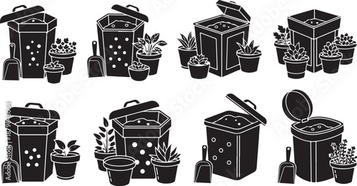 Gardening tools and plants in black and white illustrations set