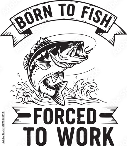 Retro Born To Fish Forced To Work Fishing Illustration with Bass Jumping and Water Waves , Generative Ai