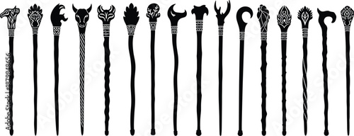 Large Collection of Minimalist Black Silhouette Magic Wands and Fantasy Staff Icons Isolated on White Background for Gaming Assets, Graphic Design, and Mystical Vector Illustrations