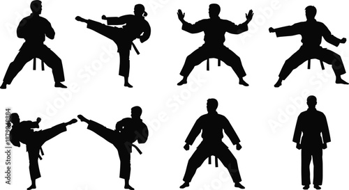 Large Set of Professional Martial Arts Silhouettes Performing Karate Kicks and Combat Poses Isolated on White Background for Sports Graphic Design, Dojo Posters and Vector Illustrations