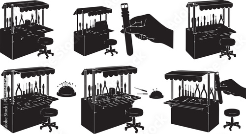Silhouette of a makeup station with various tools and equipment