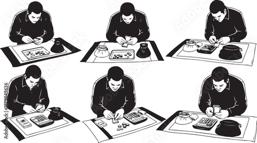 Man sitting at table with food and writing notes