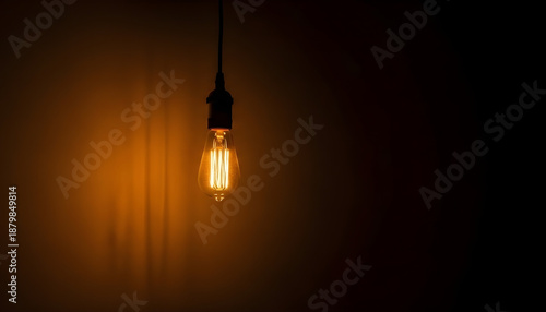 An illuminated glass light bulb hanging in the dark glows with bright electric energy, symbolizing a powerful concept of innovation and a sparking idea for new technology