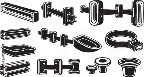 Industrial metal hardware and fittings in black and white