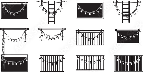 Various string lights and fences in black and white
