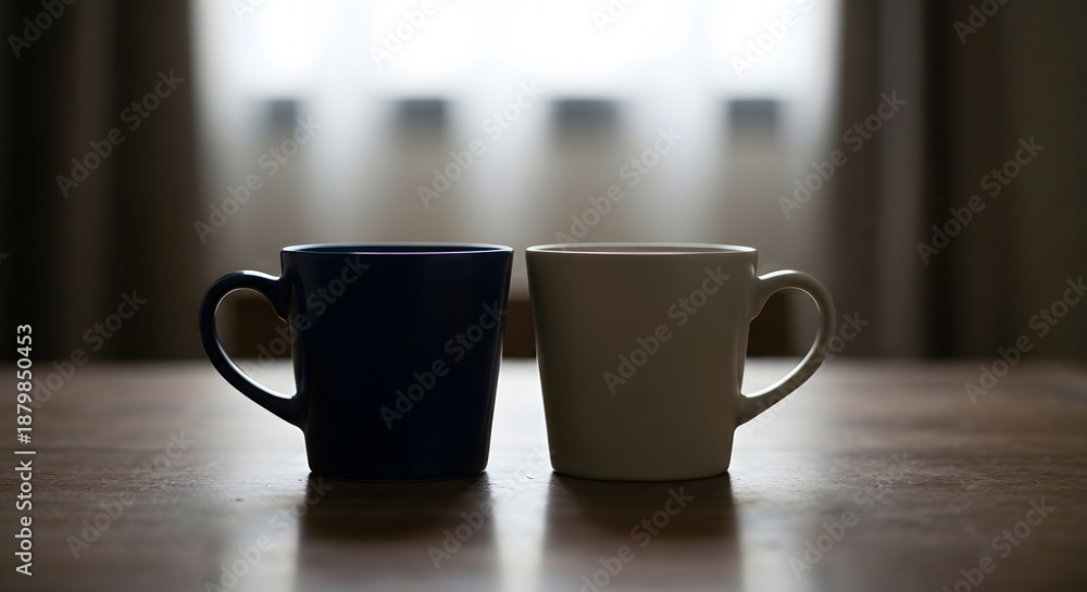 Fototapeta premium Window light on cozy mug pair with heart shape
