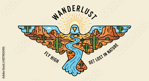 Explore the Great Outdoors: Desert Landscape with Eagle Wings and Motivational Quotes for Adventure Seekers.