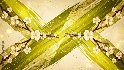 Japanese Traditional Style Background with Gold and Green Brushstrokes and Cherry Blossoms