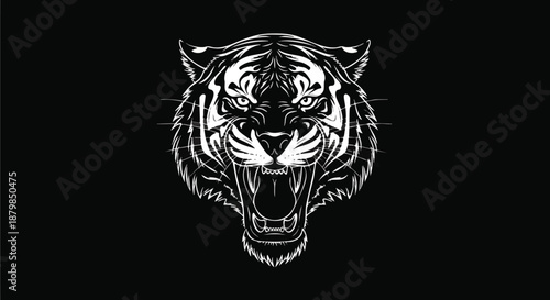Fierce Roaring Tiger Head Graphic Illustration on Black Background.