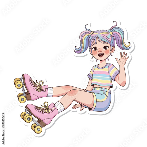 Cartoon illustration of a cheerful young girl with colorful hair wearing roller skates and waving her hand in a playful pose against a clean white background.