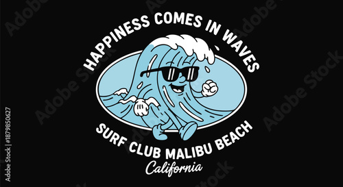Groovy Surfing Wave Character with Sunglasses - Happiness Comes in Waves.