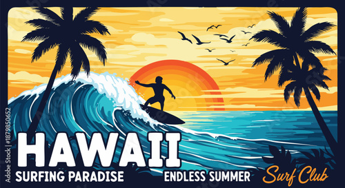 Hawaii Surfing Paradise: Silhouette of a surfer catching a massive wave at sunset with palm trees and seagulls.