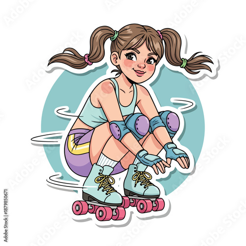 A cartoon girl with brown pigtails and roller skates sits in a playful pose on a teal background with white swirls.