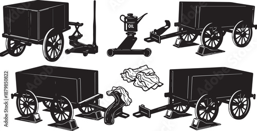 Black and white illustration of various mining cart equipment