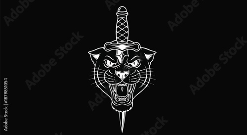 Intimidating Panther Head with Sword Through It - Tattoo Style Illustration.