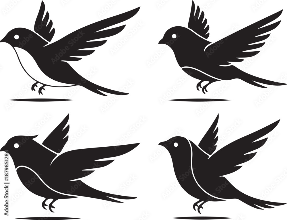 Obraz premium Four Flying Bird Silhouettes in Black and White Vector Art, Ideal for Various Design Applications