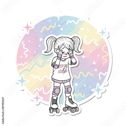 Illustration of a young girl rollerblading in front of a colorful, starry background with a concerned expression.