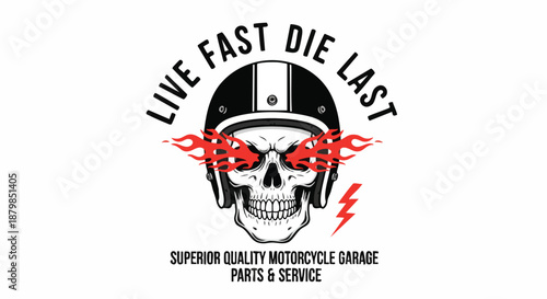 Motorcycle Skull with Flames and Lightning Bolt Emblem for Garage Services.
