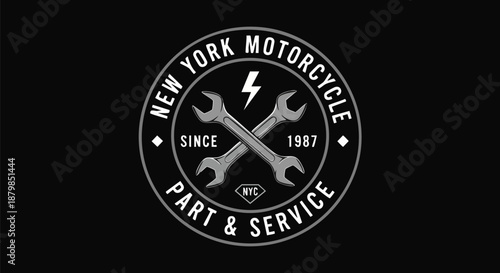 New York Motorcycle Part & Service Since 1987 Logo Emblem - Vintage Wrench Icon.